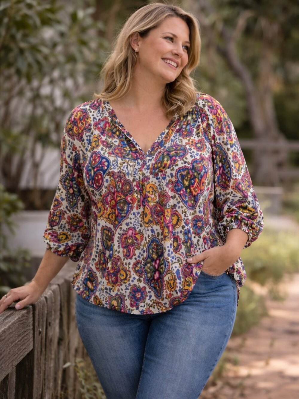 Jones & Co Paisley V Neck Blouse Plus Size
